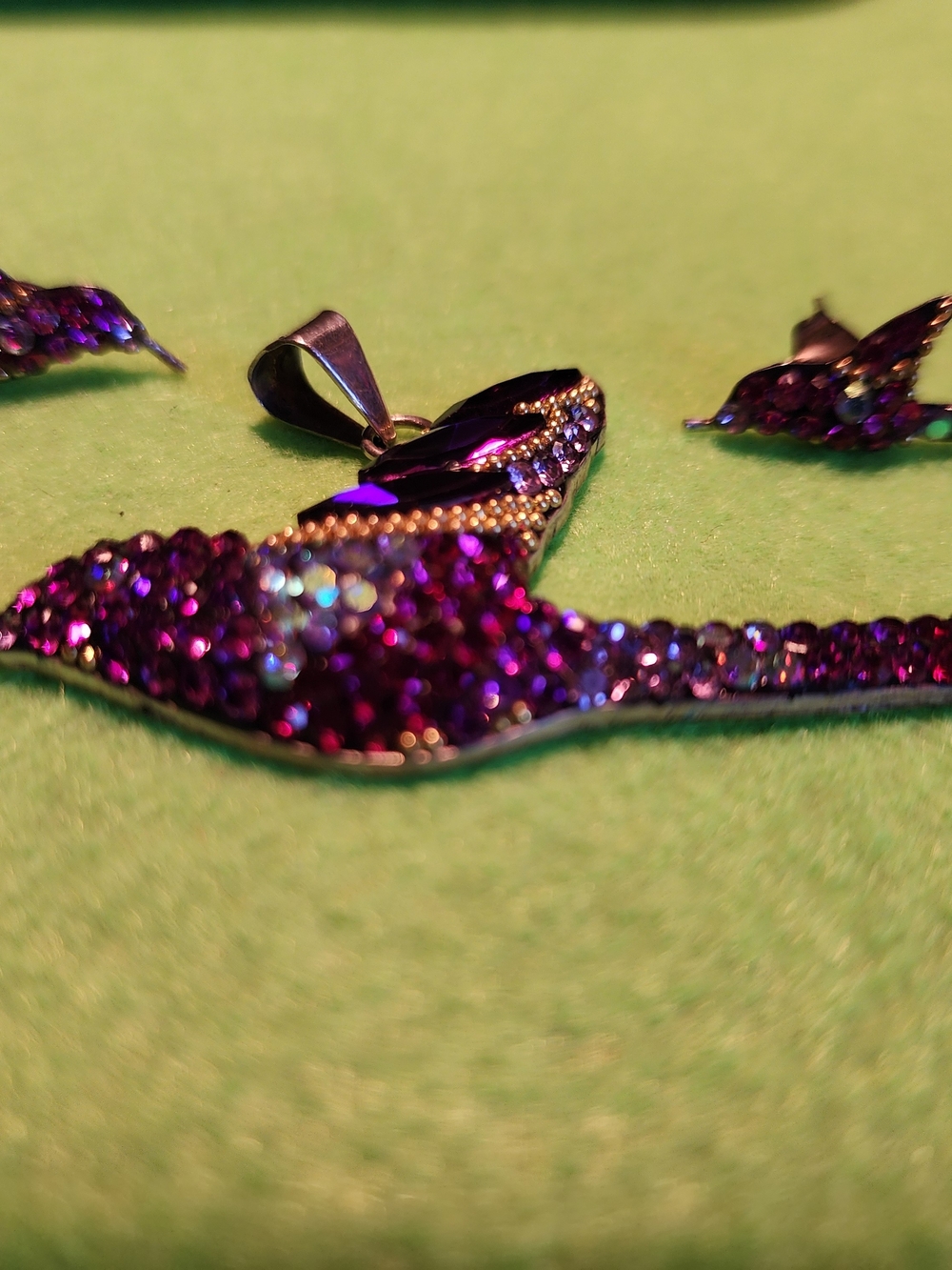 Purple Crystal Bird Brooch with Matching Earrings - Women's Jewelry Stamped 950